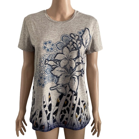 Todays Designer Tshirt Womens Small Floral Beaded Stretch Bling Gray Blue - Picture 3 of 10